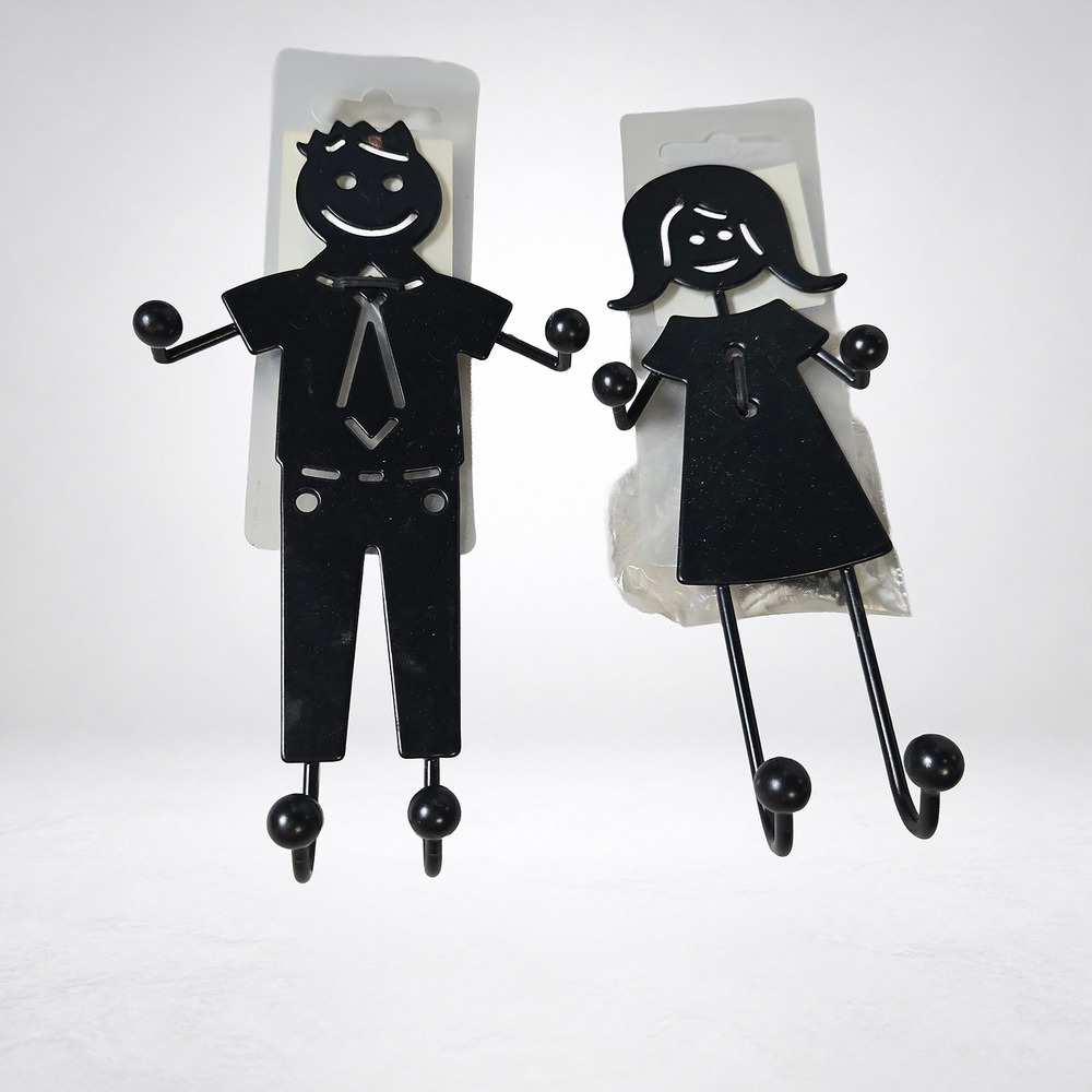 Dorman Mom and Dad Stick Figure Wall Hooks Black Metal Pair New on Card